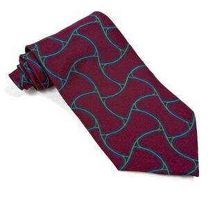 Giorgio Armani Cravatte Silk Necktie Burgundy Blue Gold Geometric Pattern‎